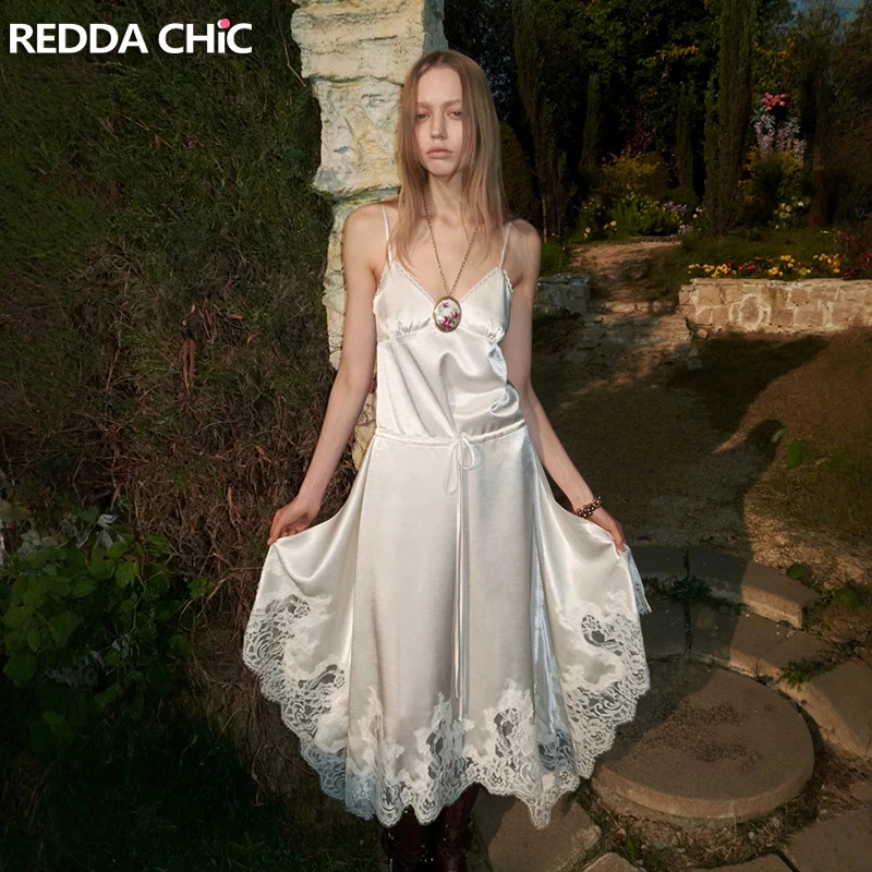 

REDDACHiC Coquette Lace Satin Dress Women Retro Sexy V-neck Spaghetti Straps Checkered Stitch Long Dress Coquette Summer Clothes