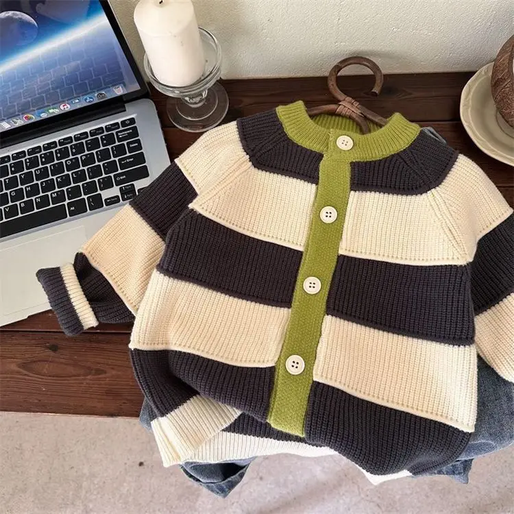 2024 Autumn Girls Boys 1-10 Years Long Sleeve Thick Warm Stripe Knitting Cardigan