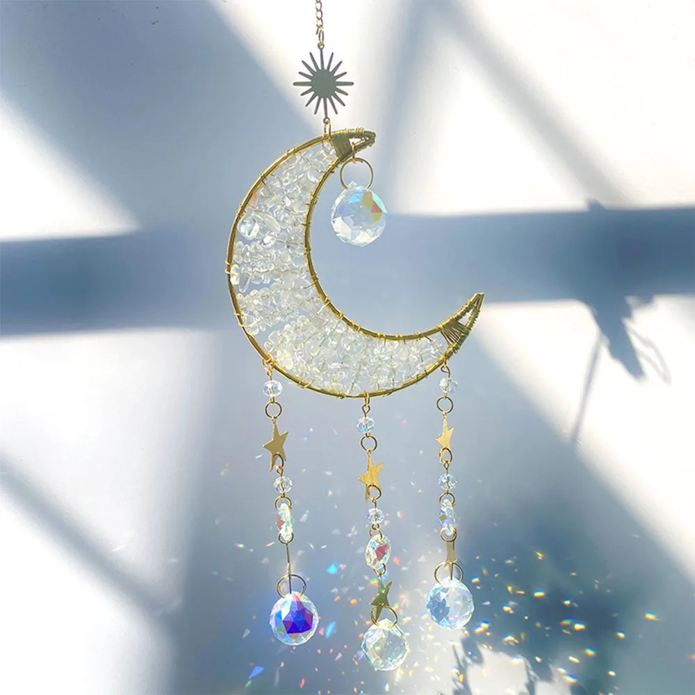 Custom Clear Quartz Moon Sun Catcher Wind Chime - Crystal Hanging Ornament for Window Home Decor & Gift