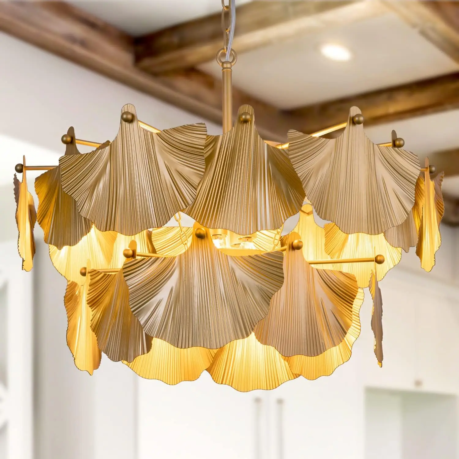 Modern Farmhouse Chandelier, Gold Chandeliers for Dining Room, Rustic Chandelier with Ginkgo Leaves, Ceiliing Light Fixture