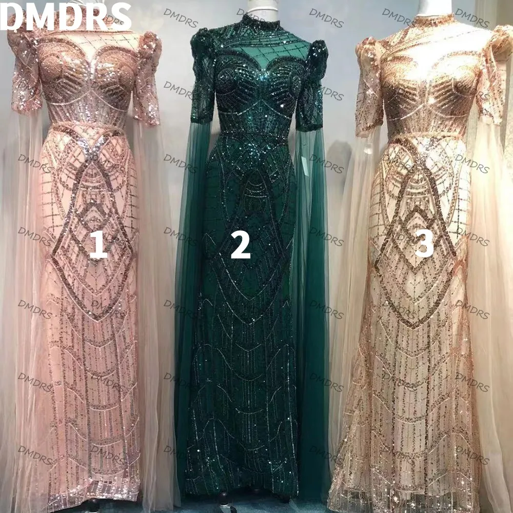 

Luxury Full Sleeves Dresses High Neck Beading Tulle Evening Gown Sexy Mermaid Sweep train Formal Party Gown Real Pic