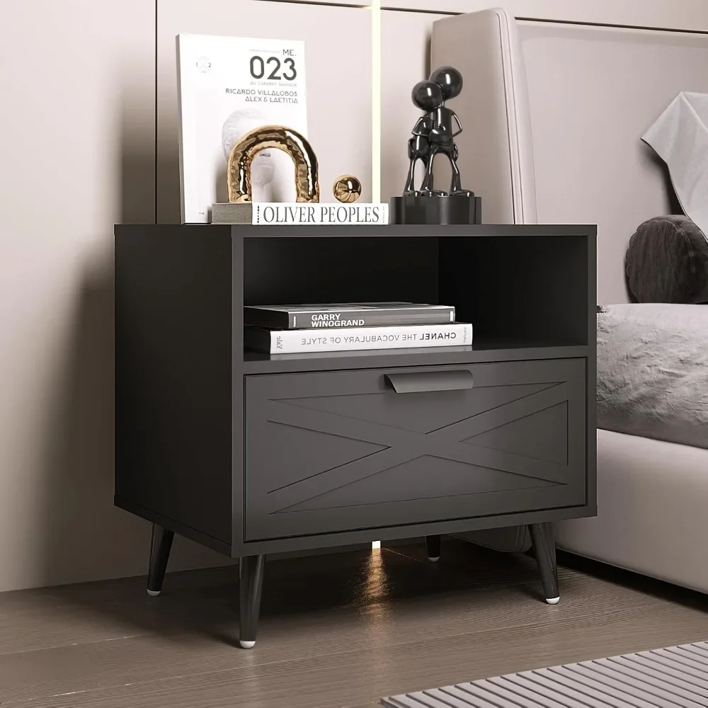 

Black Nightstand with Drawer, Night Stand Storage Bed Side Table End Table, Modern Wood Bedside Stand with Shelf