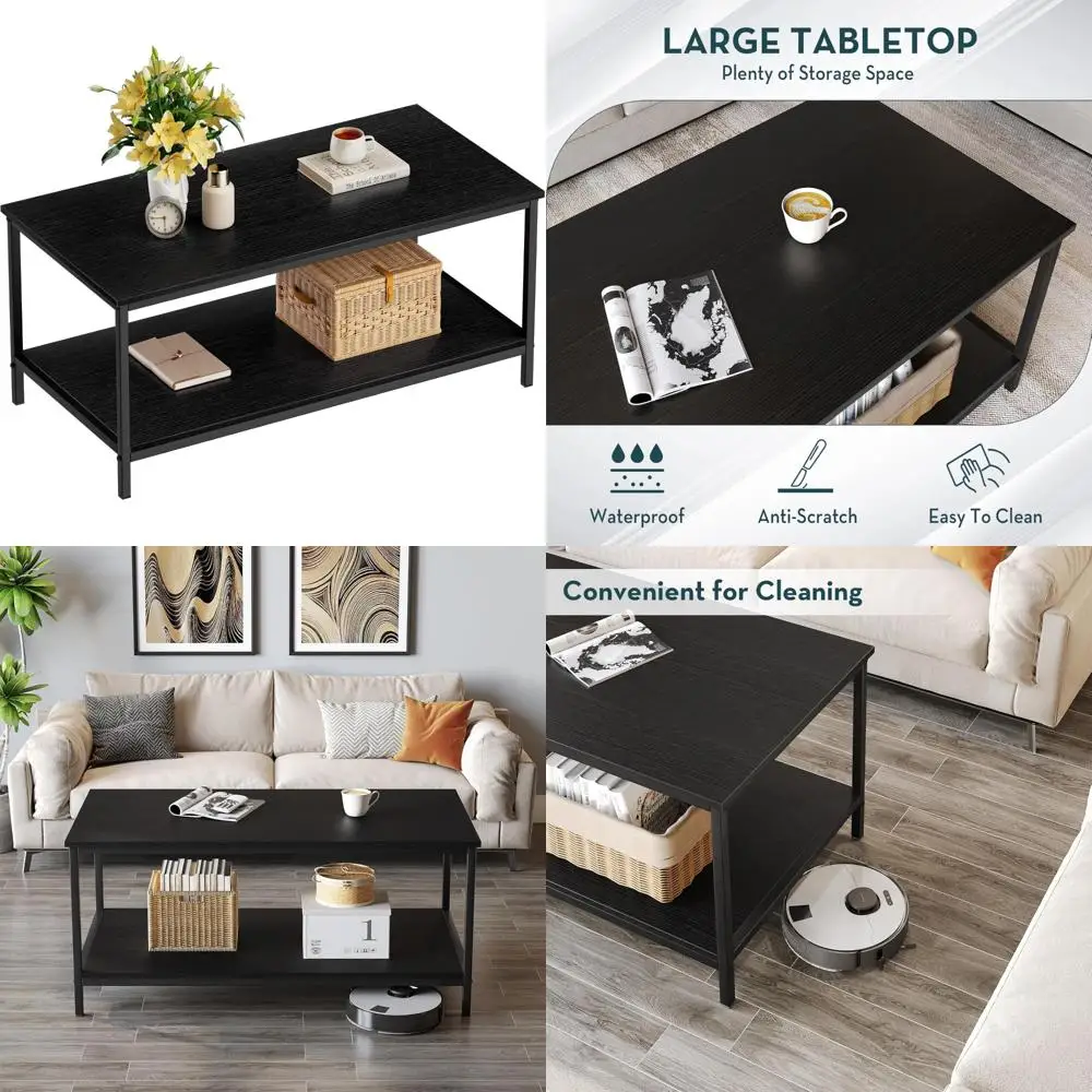 

Modern Rectangular 2-Tier Coffee Table with Storage for Living Room, Industrial Style Wood Center Table for Large Spaces
