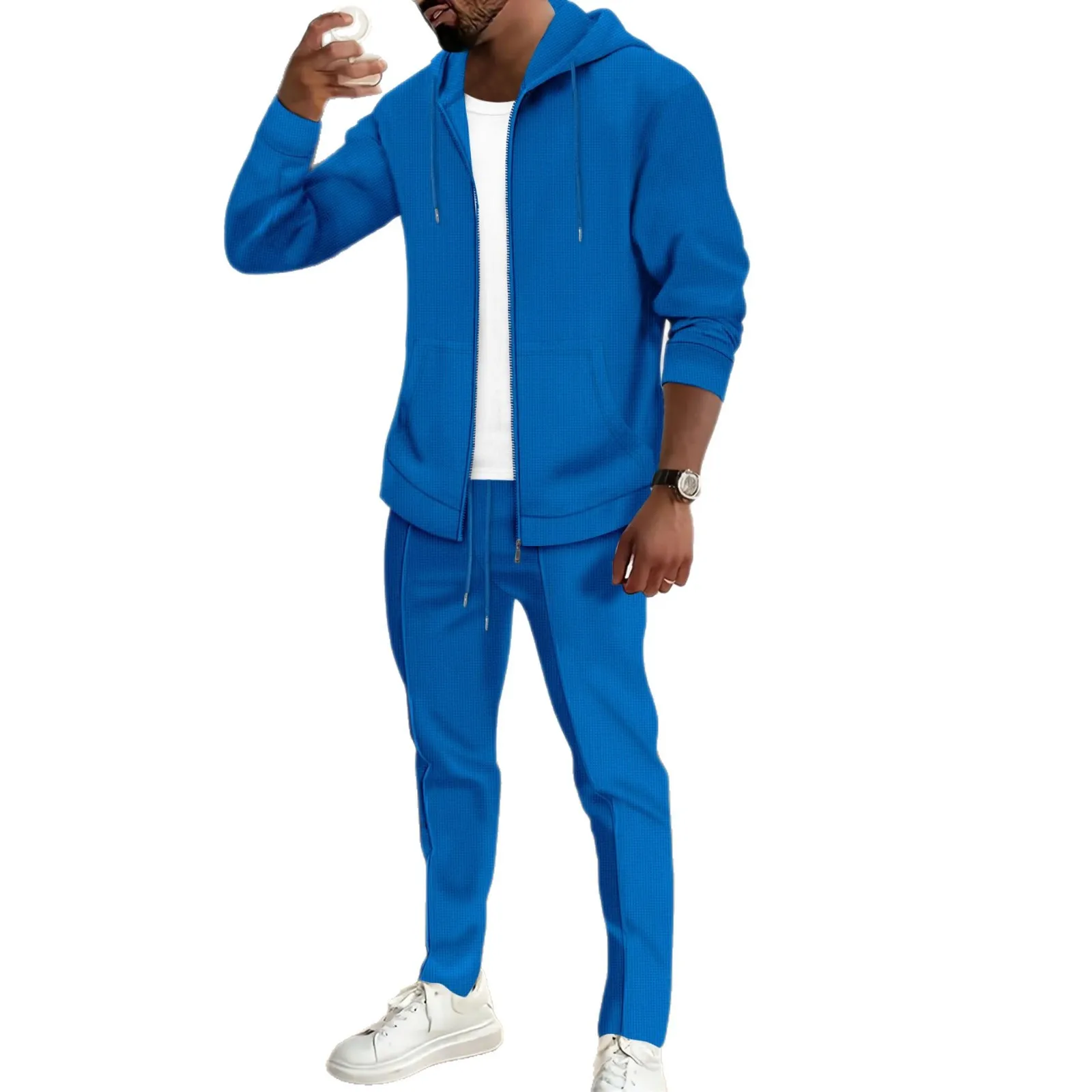 Men's Waffle Check Hooded Set Fashionable Zipper Hoodie Elastic Waist Long Pants 2PCS Comfortable Breathable Sporty Casual Outfi