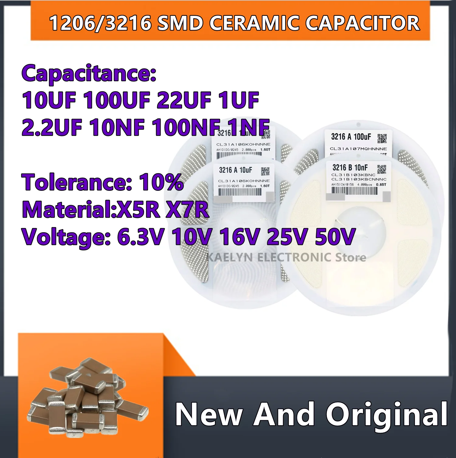 2000/4000PCS 3216/1206 SMD Ceramic Capacitor  10UF 16V 25V 22UF 10% 100UF 1NF 103K 10NF 103K 20PF 1UF 2.2UF 4.7UF 50V X7R X5R