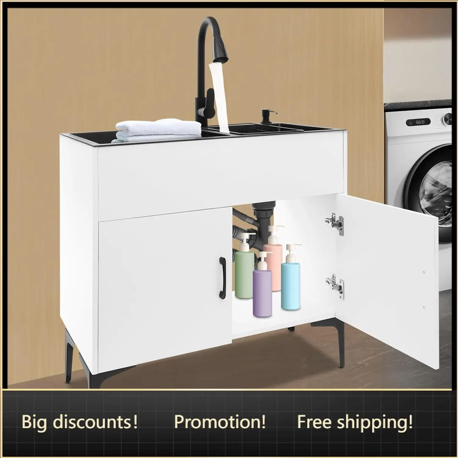 

Laundry Sink with Cabinet, Utility Room Stainless Steel Sink with Pull-Out Faucet Dual Bowls, Freestanding Kitchen Bathroom Laun