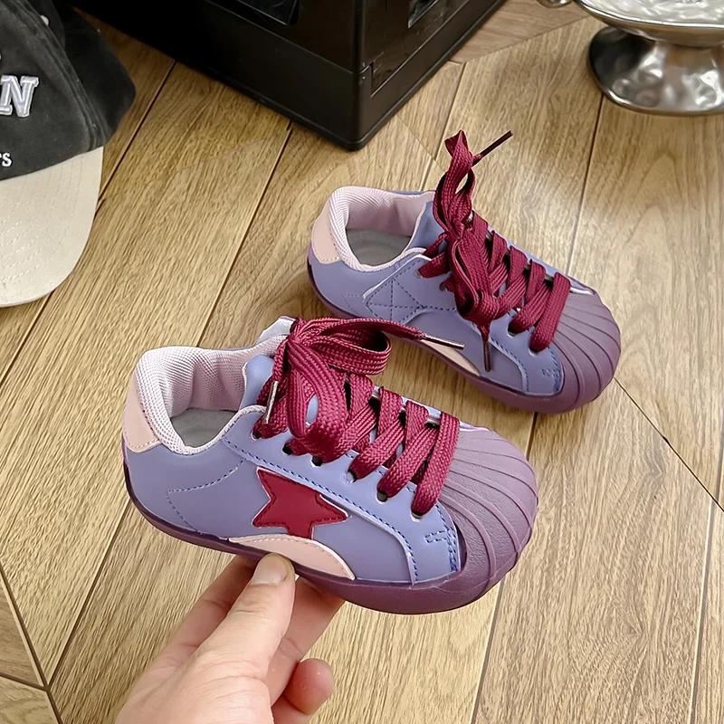 Kids Star Shell Casual Sneakers, Toddler Boy Girl Vintage Color Block, Soft Sole Comfortable Walking Shoes, Purple PinkSilver