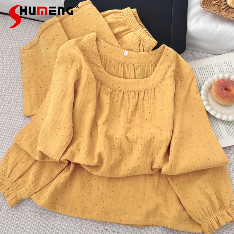 ربيع الخريف القطن الخالص Homewear للنساء جولة الرقبة البولكا نقطة منامة الإناث النمط الياباني طويلة الأكمام المتسكعون مجموعة