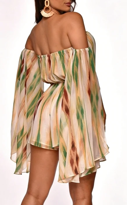 

Women's Summer Abstract Print Off-Shoulder Romper Flared Sleeves and Asymmetrical Hem Vacation Looks