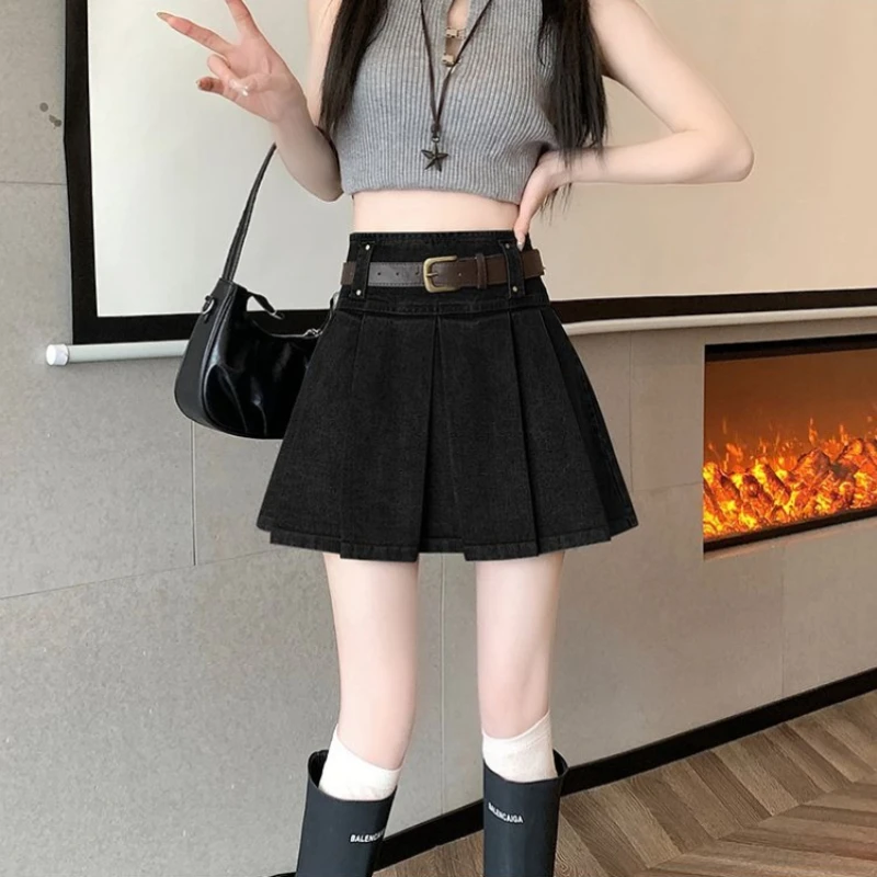 

Женская мини-юбка из денима с высокой талией, плиссированная, синяя, винтажная, весна-лето, новый стиль, стройнящий эффект, стильный дизайн