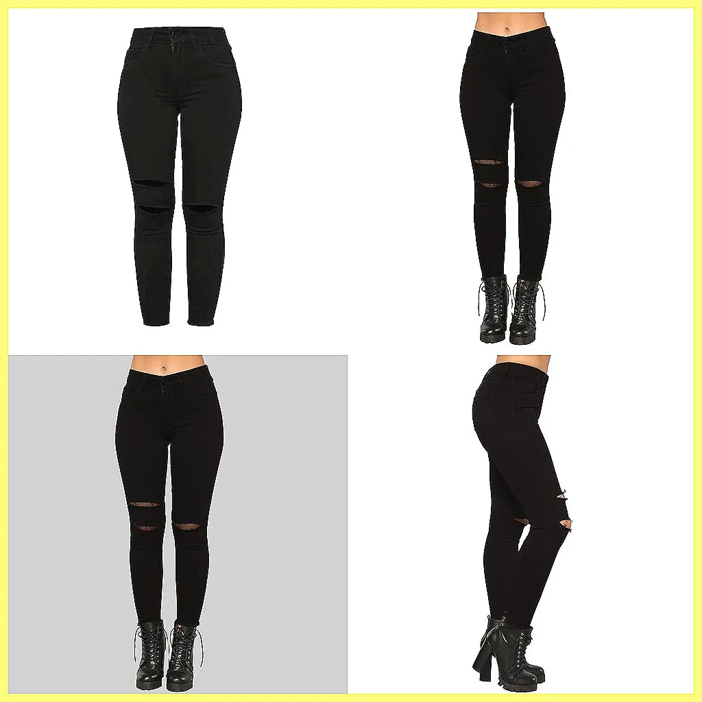 Trendy Ripped Women's Skinny Jeans, Mid Rise Stretch Denim Pants with Whisker & Distressed Details