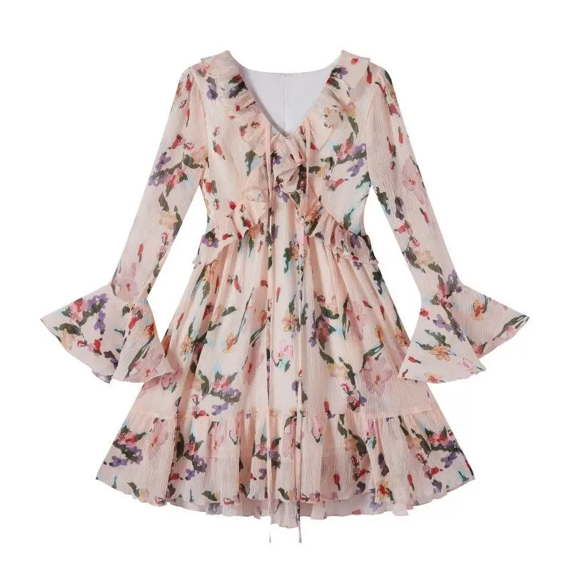 

Tea break pleated ruffle edge crushed printed skirt vestidos elegantes para mujer vestidos Regular Fit