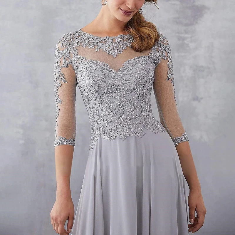 فستان سهرة نسائي بلون الشمبانيا مع خط عنق وهمي ثلاثة - أكمام دانتيل ربع فستان أم العروس لحفلات الزفاف #6