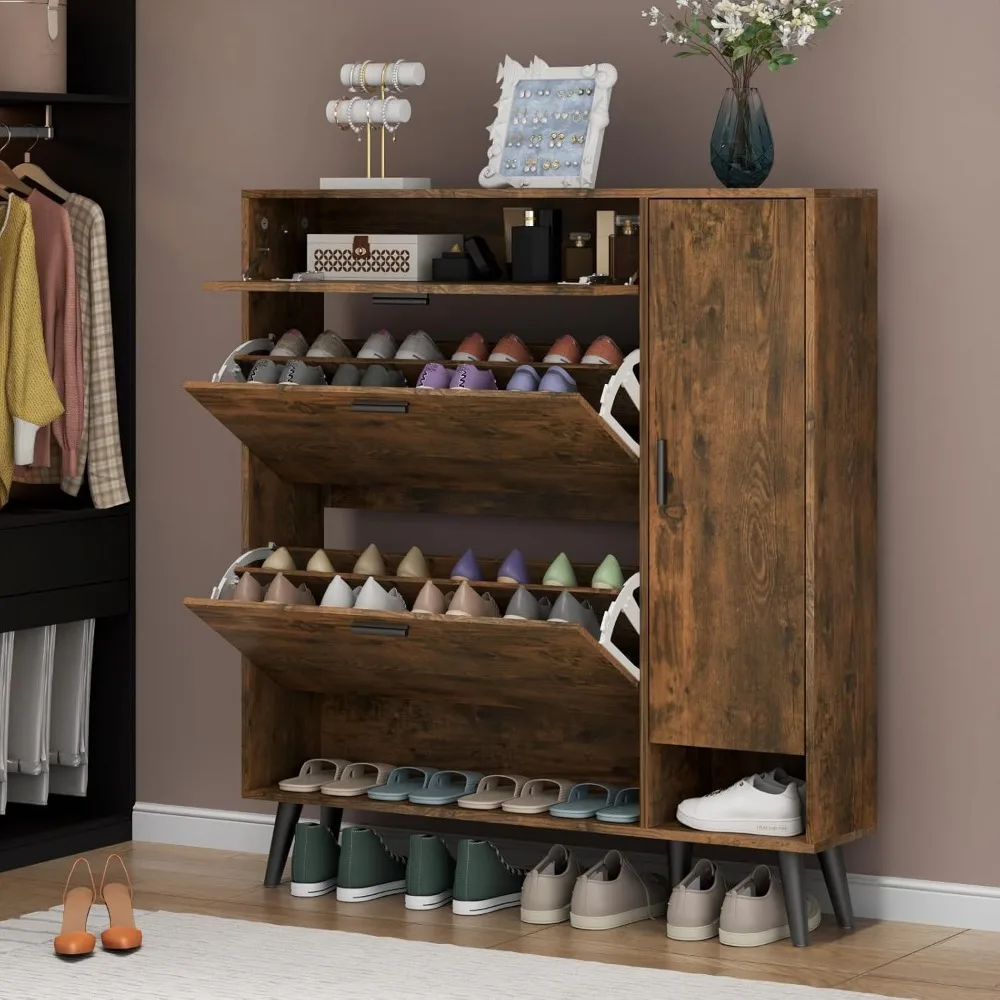 Double Drawer Shoe Storage Cabinet with Side Storage for Entryway and Adjustable Shelves
