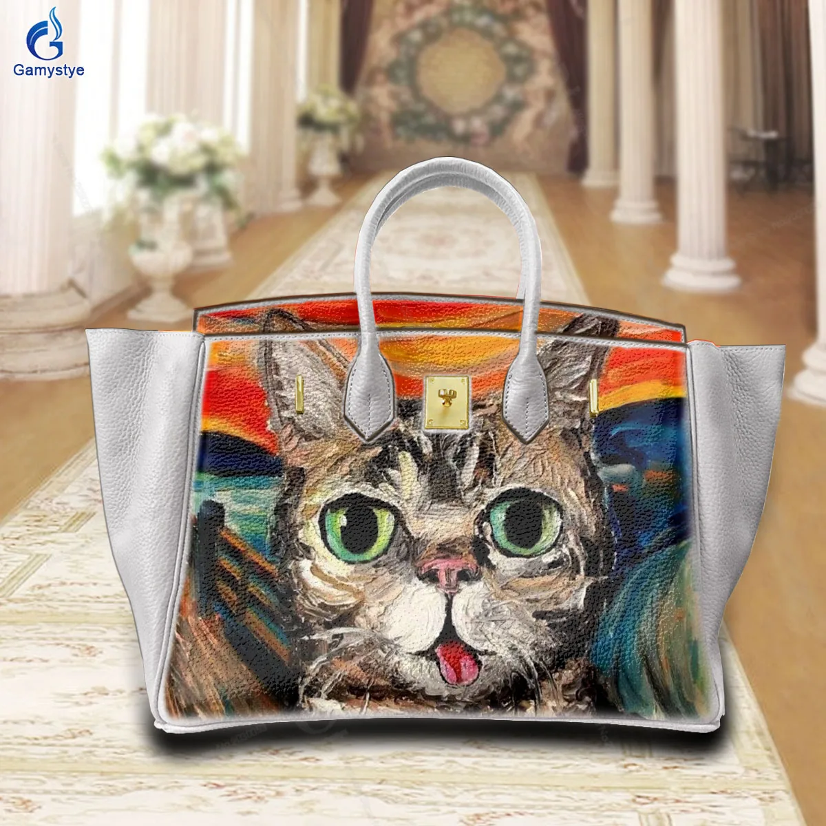 

Women Bags Top-Handle Bags Cross Body Bags Bolsas Marcas Colorful Cat Avatar Pattern Top Layer Cowhide Leather Personal customiz
