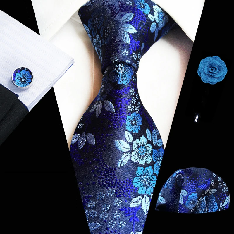 Floral Rosa Seda Gravatas Set para Homens, Festa de Casamento Pescoço Tie Set, Lenço, Broche Abotoaduras, Homens Acessórios, Alta Qualidade