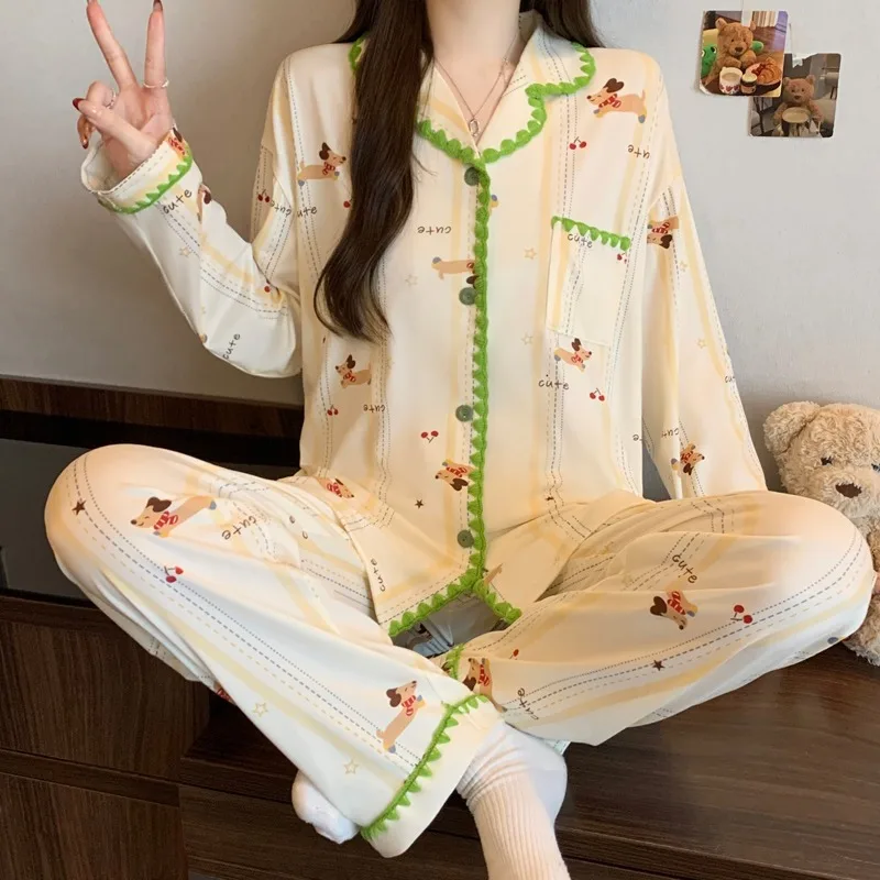 

Spring New Striped Letter Dog Pajamas Set Two Suit Long Sleeve Lapel Neck Women's Pajamas Set Sweet Cute Soft Loungewear Woman