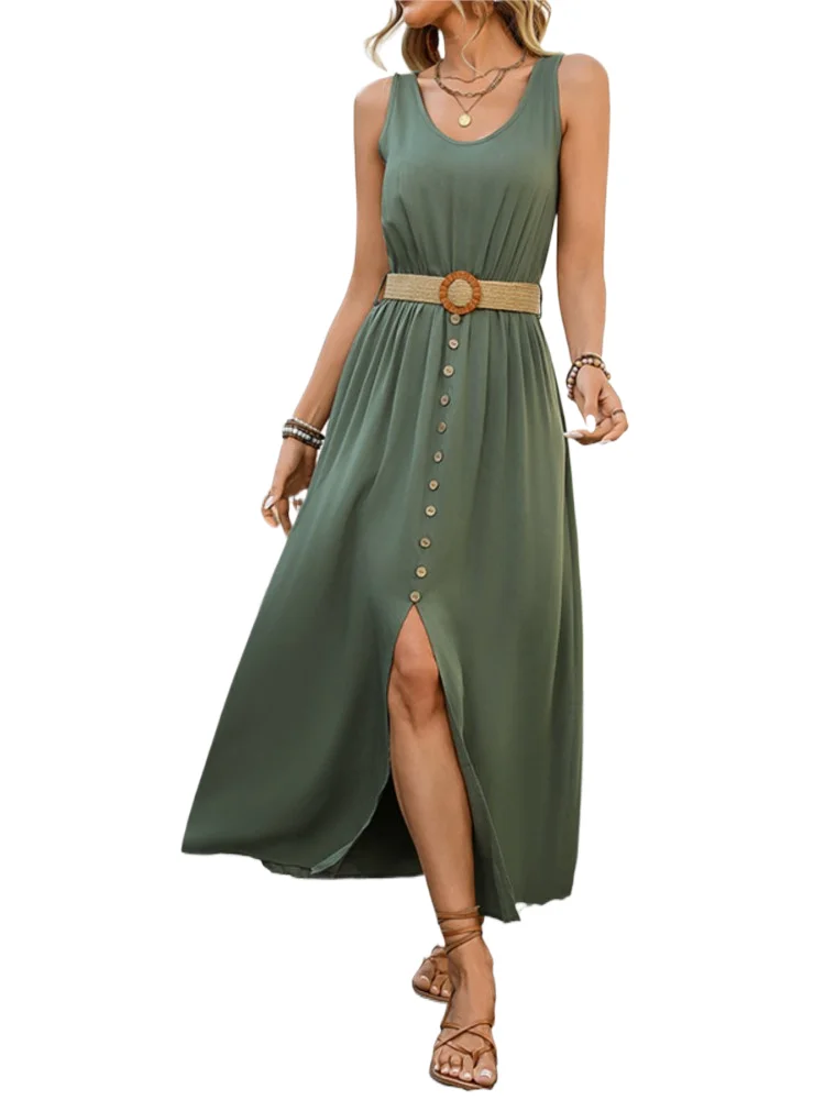 

Elegant V Neck Dress For Women Fashion Solid Sleeveless Sashes High Waist Loose Dresses Robe Femme Casual Holiday Office Clothes