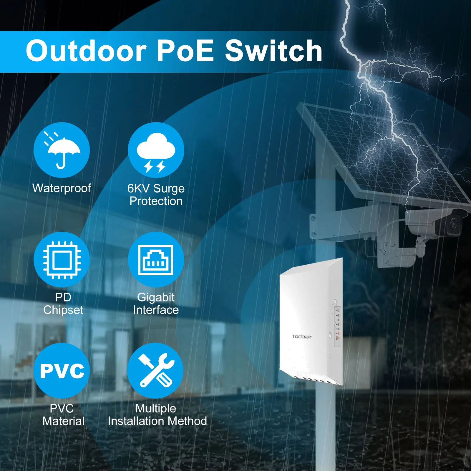 TODAAIR-Commutateur PoE Gigabit d\'extérieur, répéteur PoE, hub de réseau, répartiteur Ethernet, Plug and Play, résistant aux intempéries