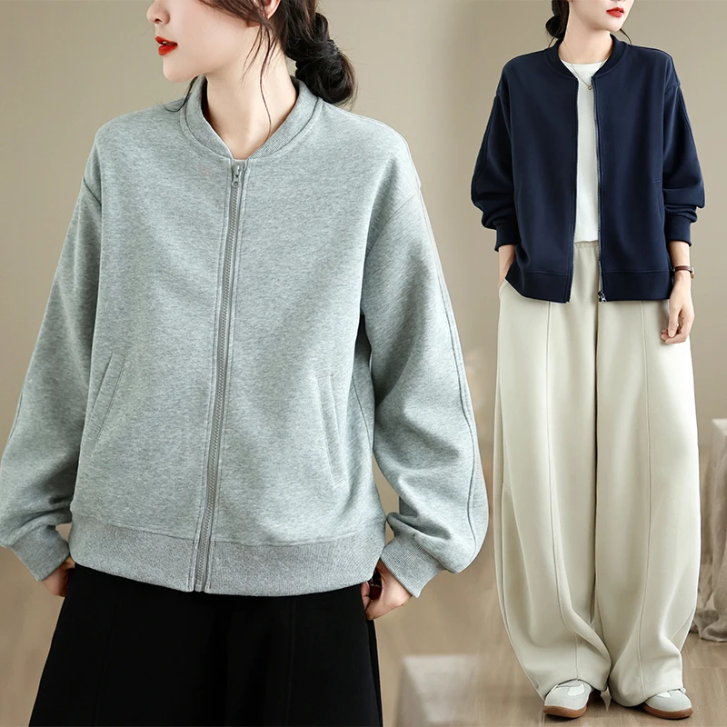 Loose Fit Baseball Collar Zipper Short Sweatshirt Jacket Women's Casual Style Polyester Cotton Blend Thickened Regular Length