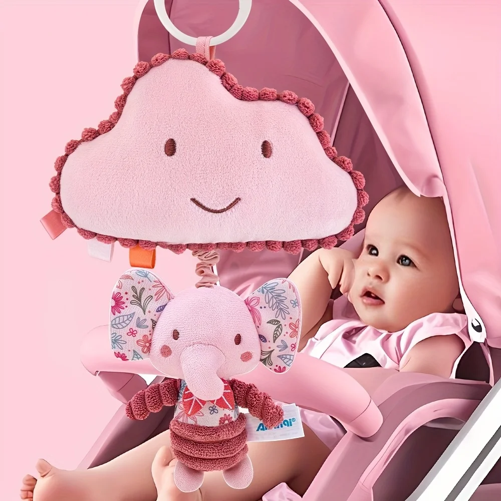 Baby Stroller Toy Animal Musical Sensory Bunny with Crinkle Clackers Music Pull String Hanging Toy for Car Seat Crib Newborn