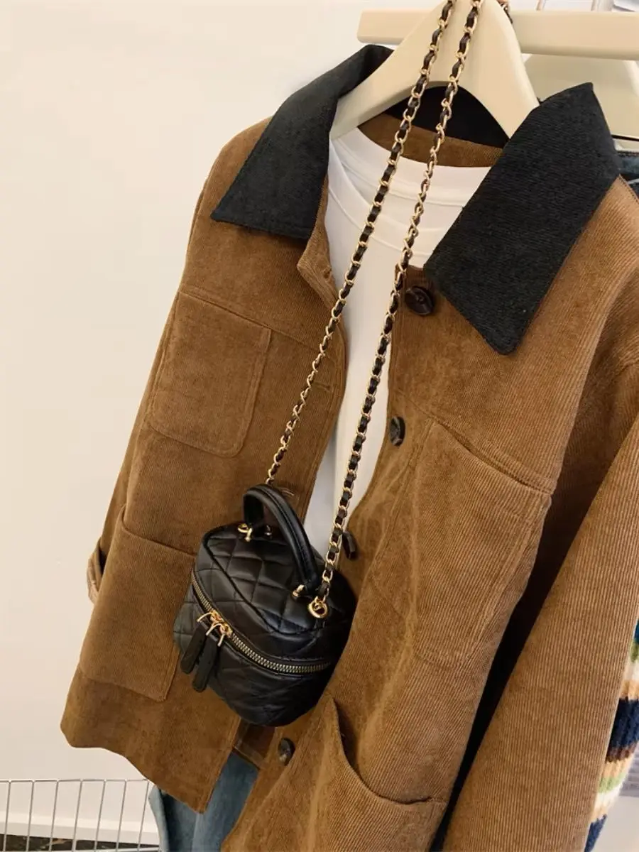 Barn Style Color Block Corduroy Stand Collar Short Jacket Women's Spring Autumn Elegant Mood Matching Checkered Jacket Coat