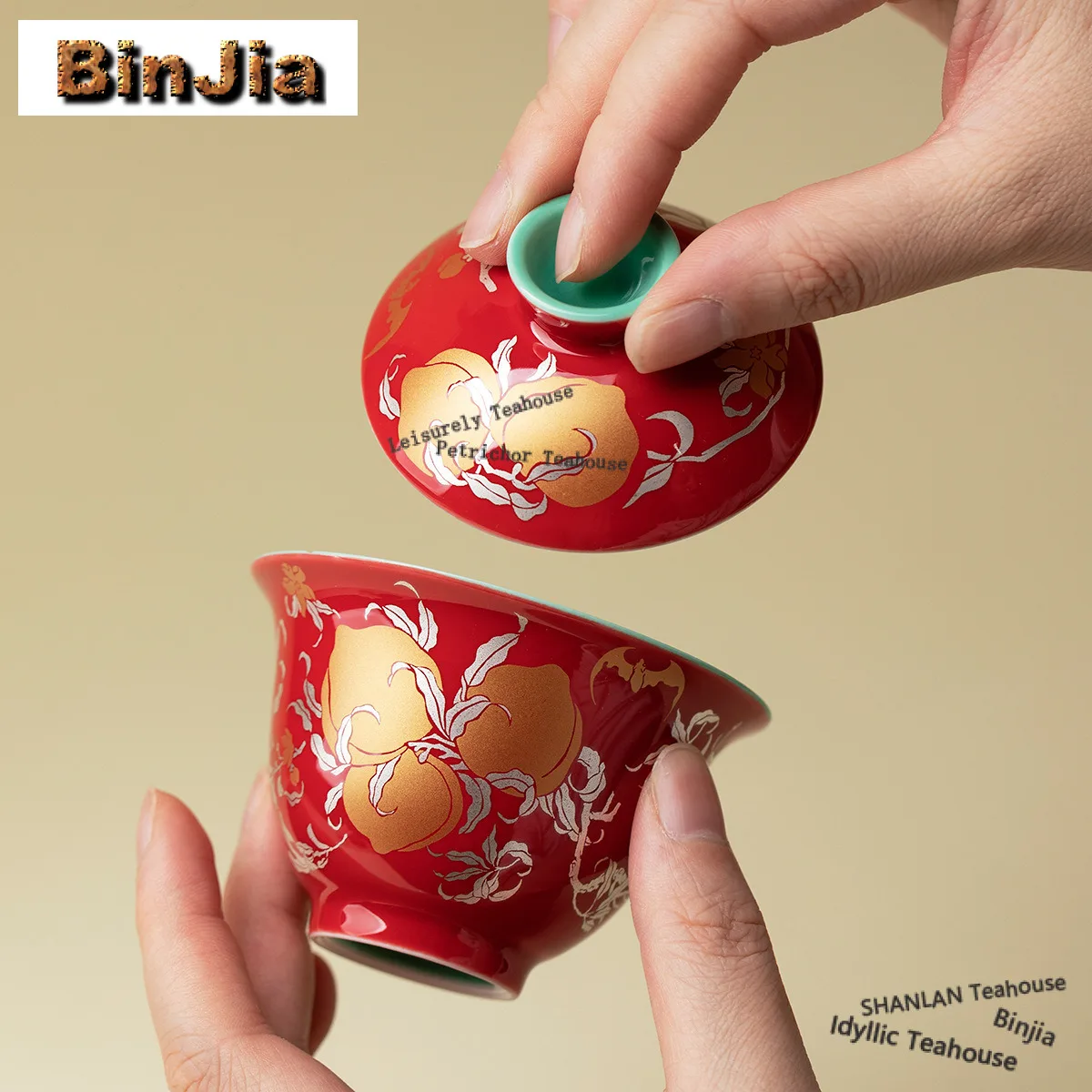 85ml Chinese Red Gold Silver Color Longevity Peach Gaiwan Zen Tea Tureen Tea Bowl With Lid Kit Tea Maker Cover Bowl Cha Supplies