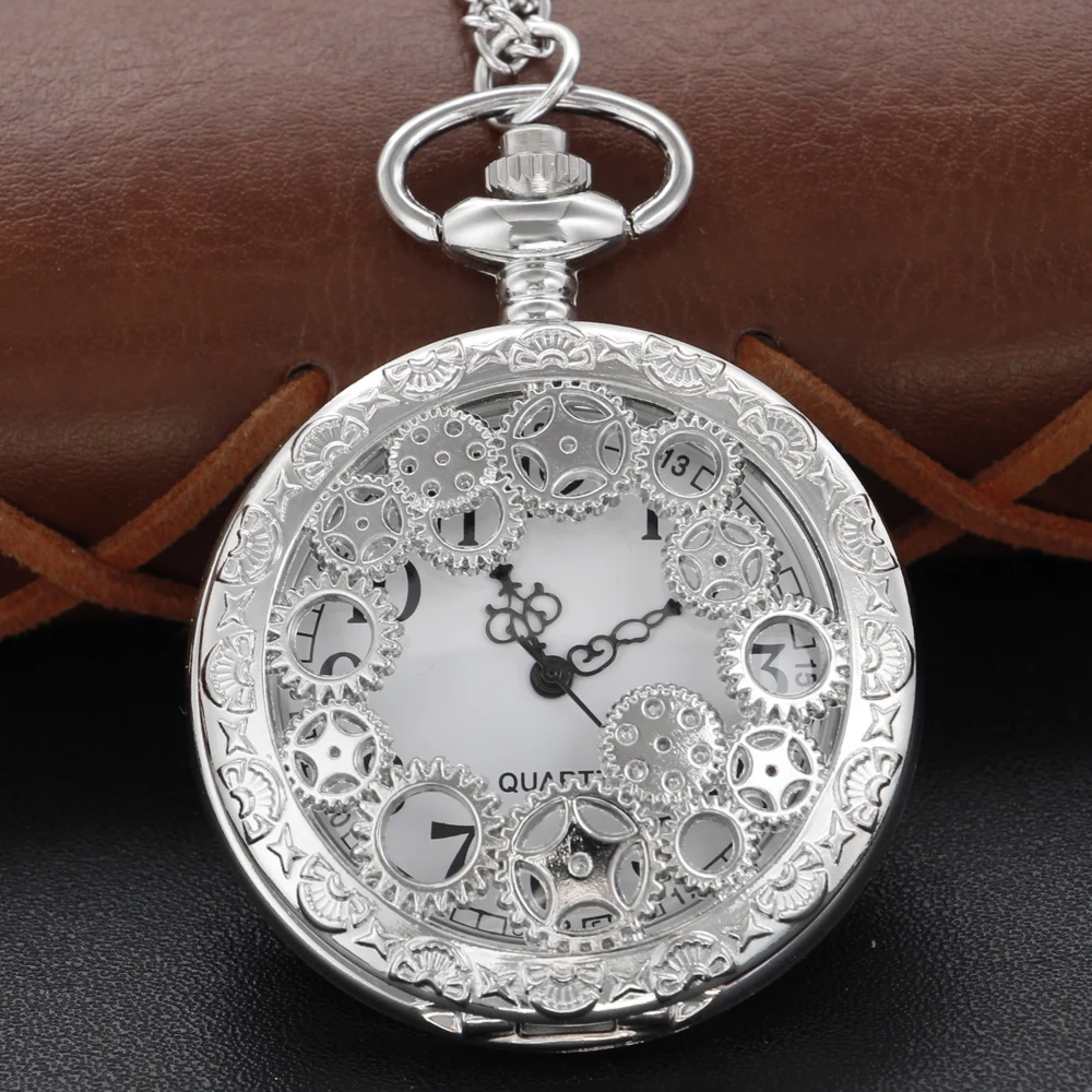 Silver Time Gear Hollow Embossed Pocket Watch Exquisite Dial Necklace Pendant Chain Watch Men\'s and Women\'s Gift Fob Watch