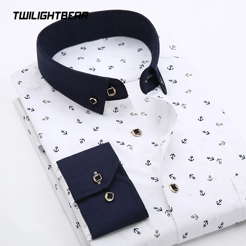 New Men's Shirts Oversized Anchor Printing Shirt Korean Business Office Shirt Men Clothing Camisa Masculina 38-44 A5H177