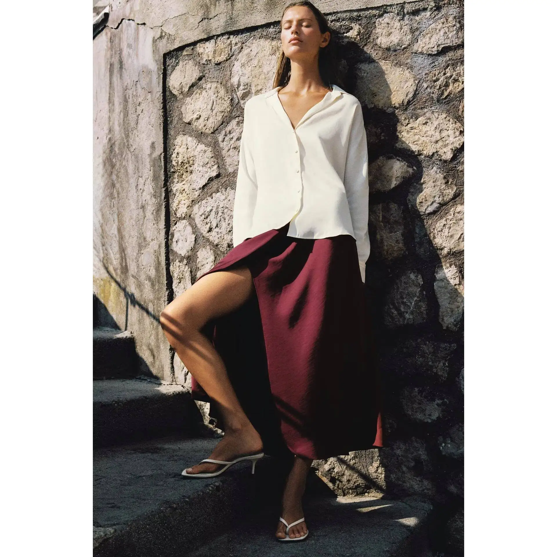 Fashionable Silk Satin Double-Breasted Midi Skirt Women's Standard Fit A-Line Skirt Autumn Season Polyester Fiber Iron-Free