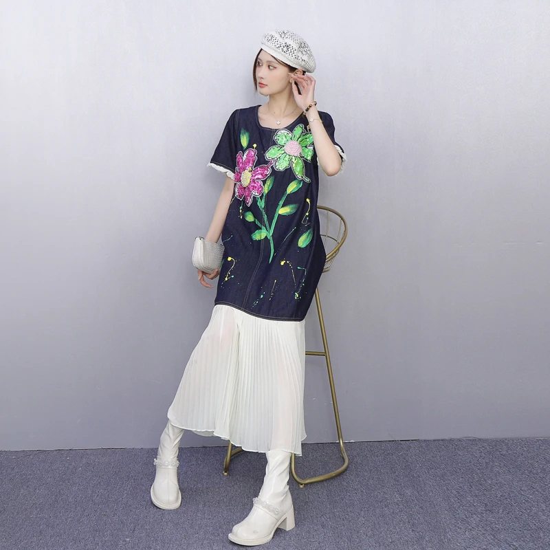 2025 Zomer Nieuwe Elegante Vrouwen Losse Geborduurde T-shirts Lange Jurken Dames Korte Mouw Mode Jurk Groothandel J1222