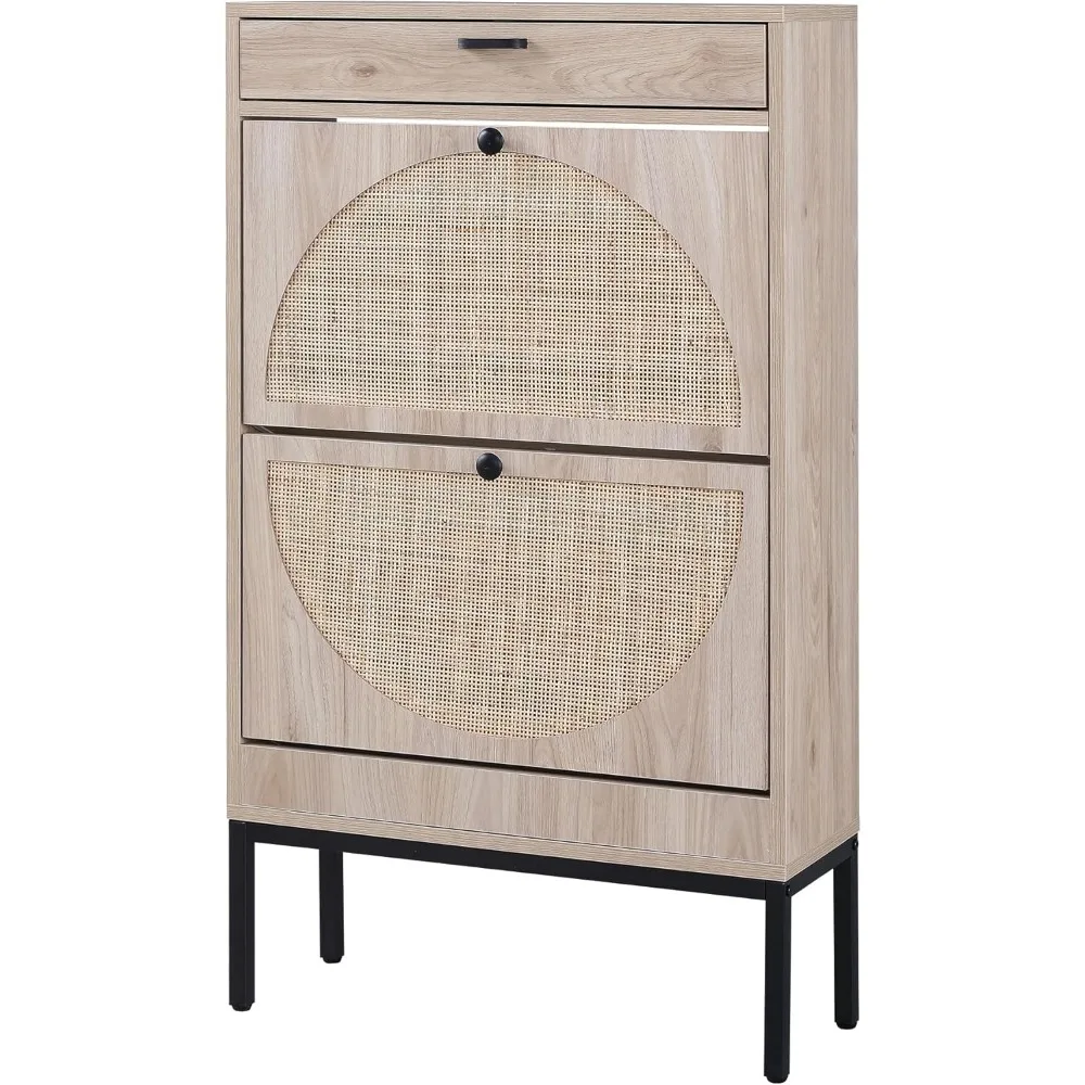 Freestanding Rattan Shoe Storage Cabinet with Adjustable Flip Drawers