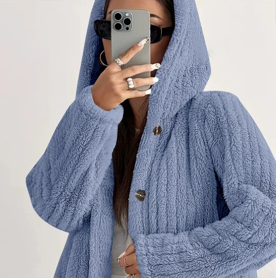Womens Fleece Jacket 2026 Autumn Winter Oversized Fuzzy Hooded Coat Solid Color Button Down Oversized Plush Jackets For Woman