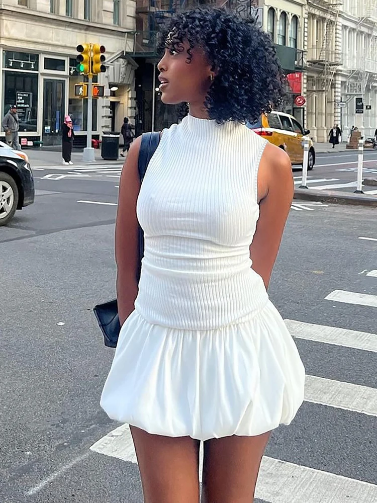 Summer Elegant Knitting Sleeveless Backless Short Bubble Ball Women\'S Dresses Elegant Evening Casual Clothing Y2K Streetwear