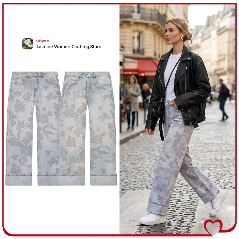 Elegant Fashion Low Rise Loose Fit Printed Folded Jeans for Women New in Rose Print Blue Denim Pants with Pockets and Cuffed Hem