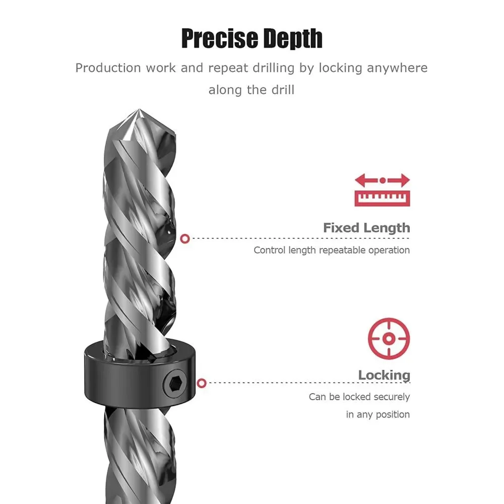 Drill Depth Stop Bit Collar Set Adjustable Positioner Limit Ring Set-Screws Woodworking Tool Allen Wrench Tighten The Stopper