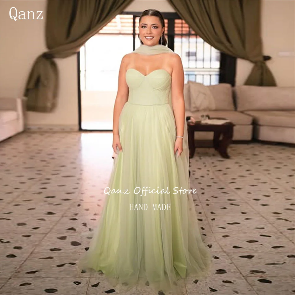 

Qanz Mint Green Tulle Evening Dresses Sweetheart Long A Line Vestidos De Fiesta Elegantes Guest Wedding Dress Customized
