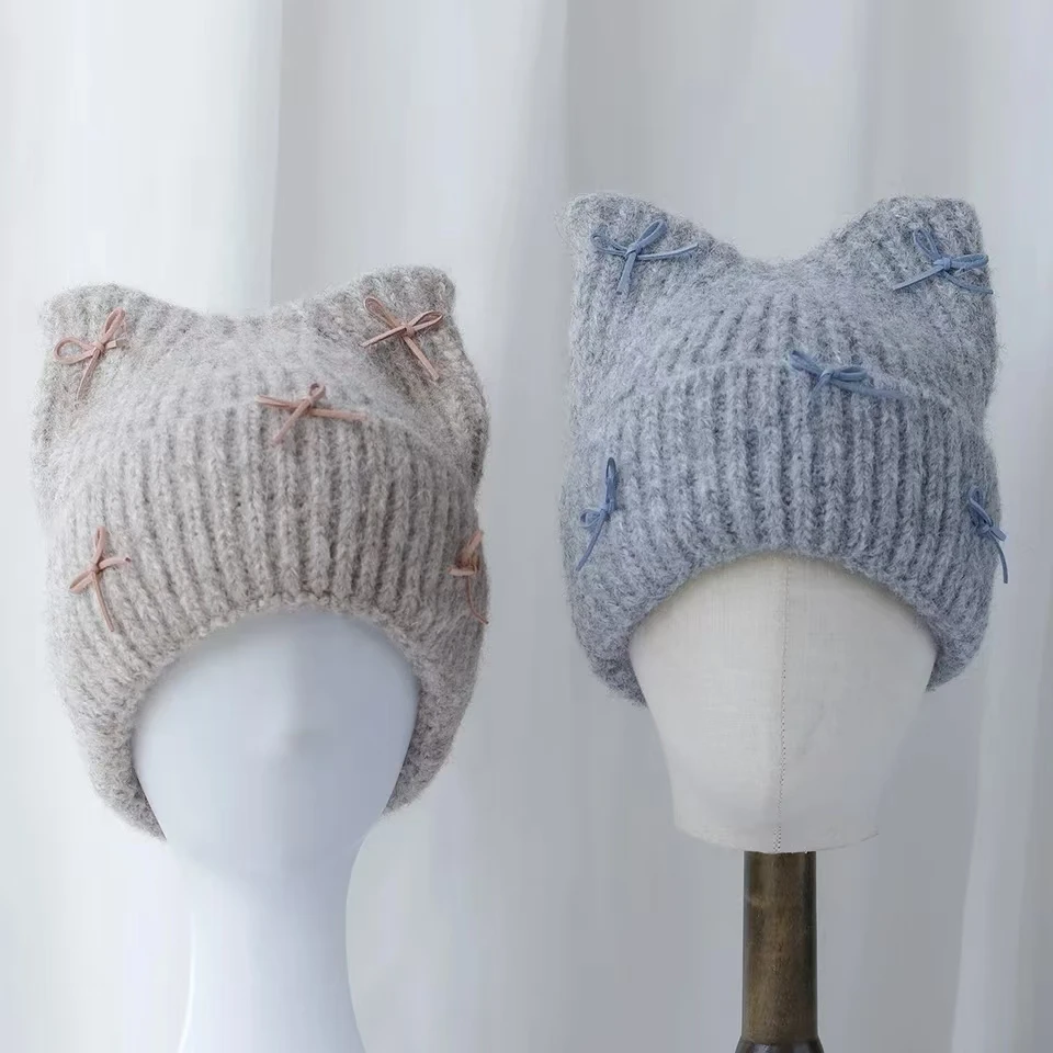 

Japanese Y2k Hip hop cute Cat's ear Design Knitted Hat for Women Autumn and Winter Fashion Warm Personality Pullover Beanies Cap