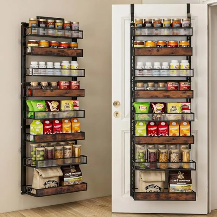 

8 Tier Pantry Door Organizer Spice Rack, 2-IN-1 Wall Mount or Hanging Over Door Seasoning Organizer with Adjustable Baskets, He