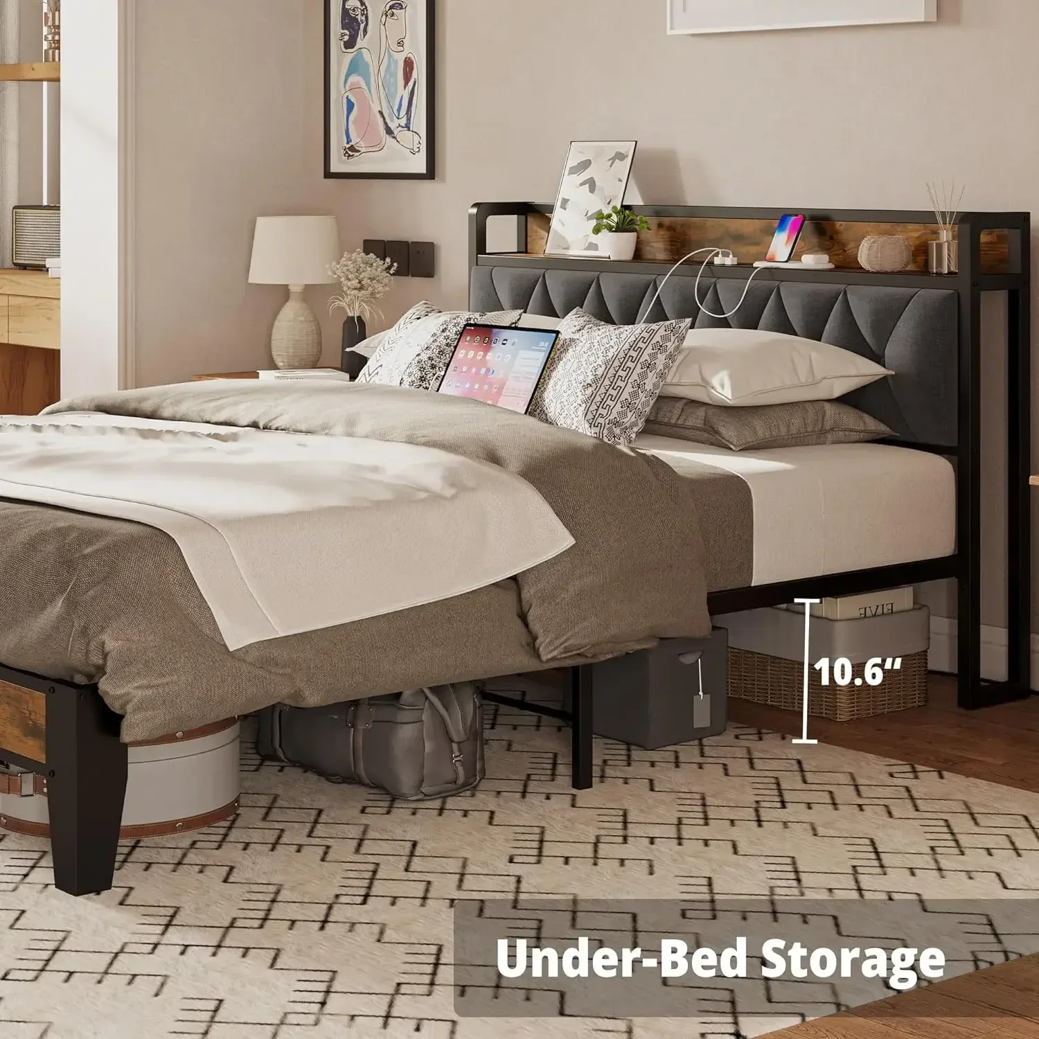 Full Size Bed Frame, Storage Headboard with Outlets, Easy to Install, Sturdy and Stable, No Noise, No Box Springs Needed