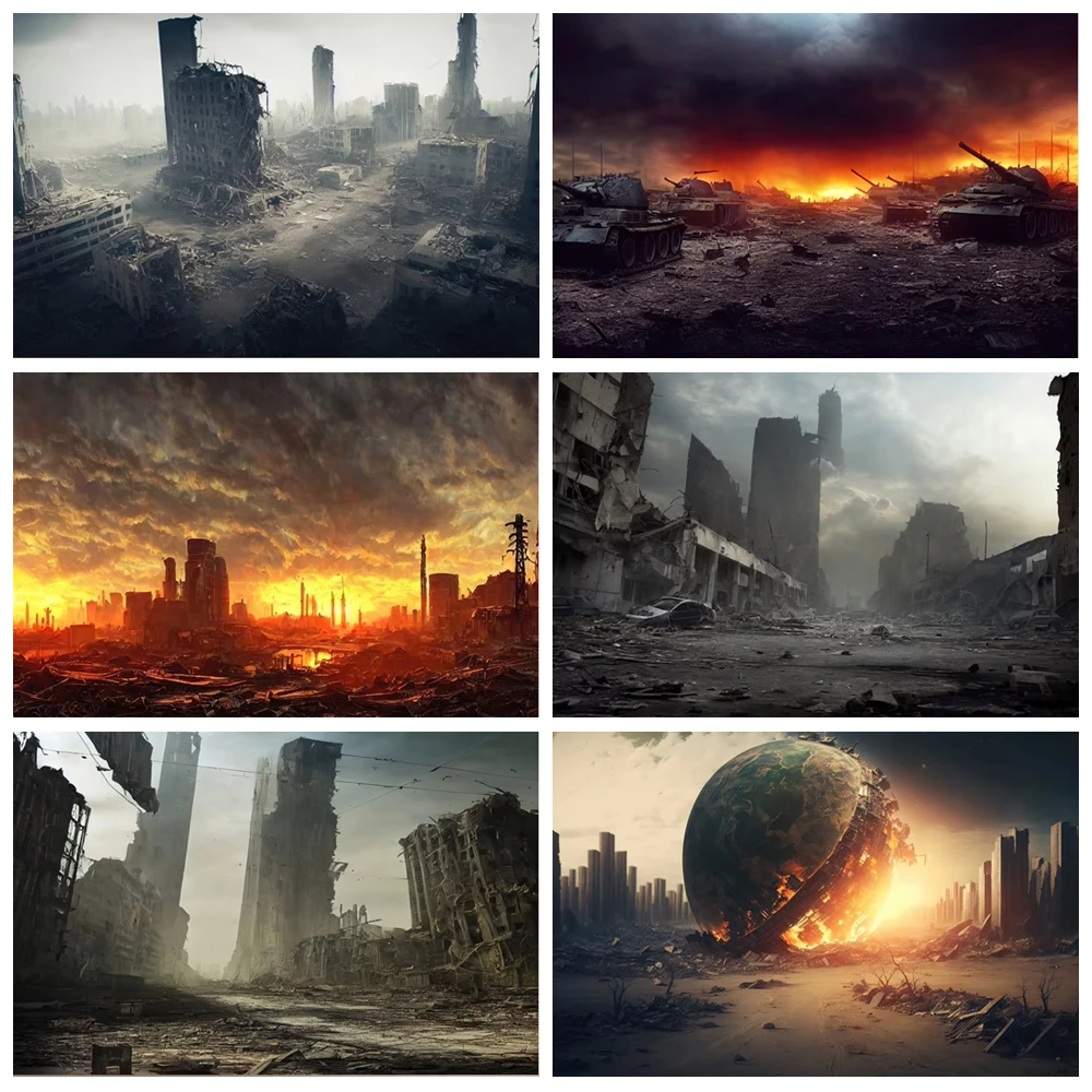 

Destroyed City Ruins Theme Photography Background Armageddon Streets Planet Falling Fire Crisis Dark Studio Shoot Props Banner