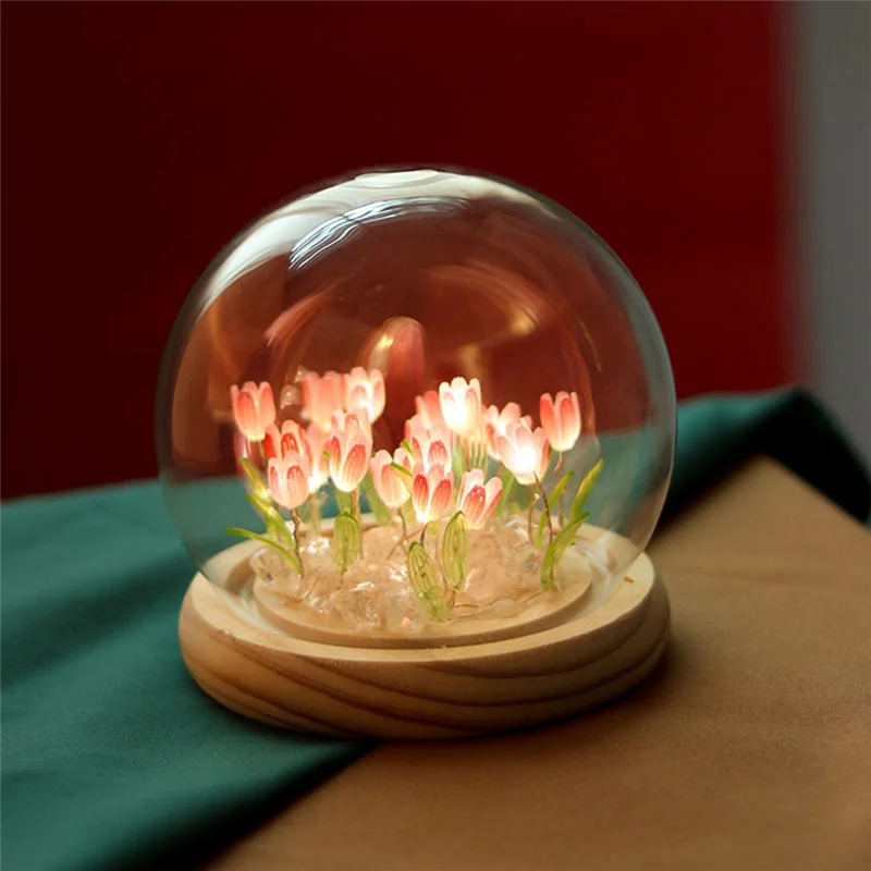 ABBN-Artificial Tulip Flower Night Light Ornaments Handmade DIY Bedside Lamp LED Night Lamp Bedroom Decor Table Lamp Durable ,Pi