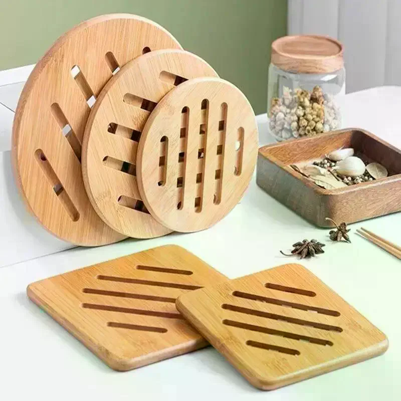 Portable Placemat Thickened Circular Square Household Coaster Hollowed Out Bamboo Insulation Mat Dining Table Mat