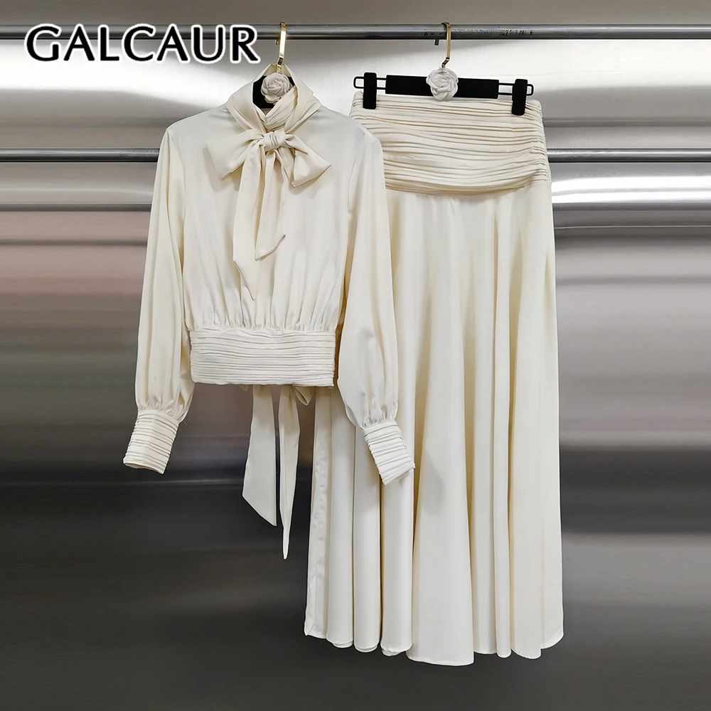 

GALCAUR Solid Slimming Spliced Folds Two Piece Set for Women Round Neck Long Sleeves Patchwork Zipper Skirt Set Female Elegant