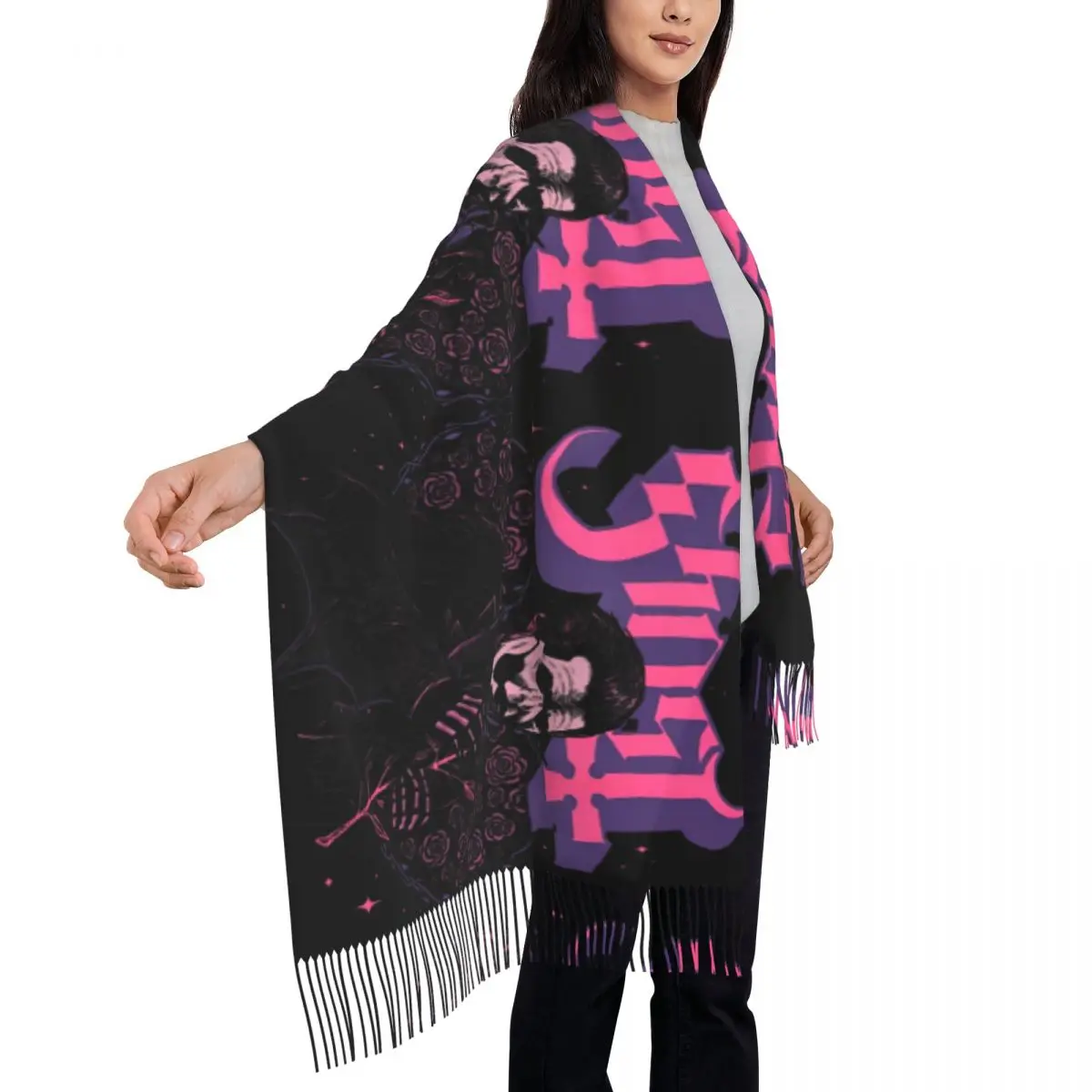 Ghost Band Metal Rock Band Scarf with Long Tassel Warm Soft Shawl Wrap Lady Halloween Headwear Scarves Winter Casual Bandana