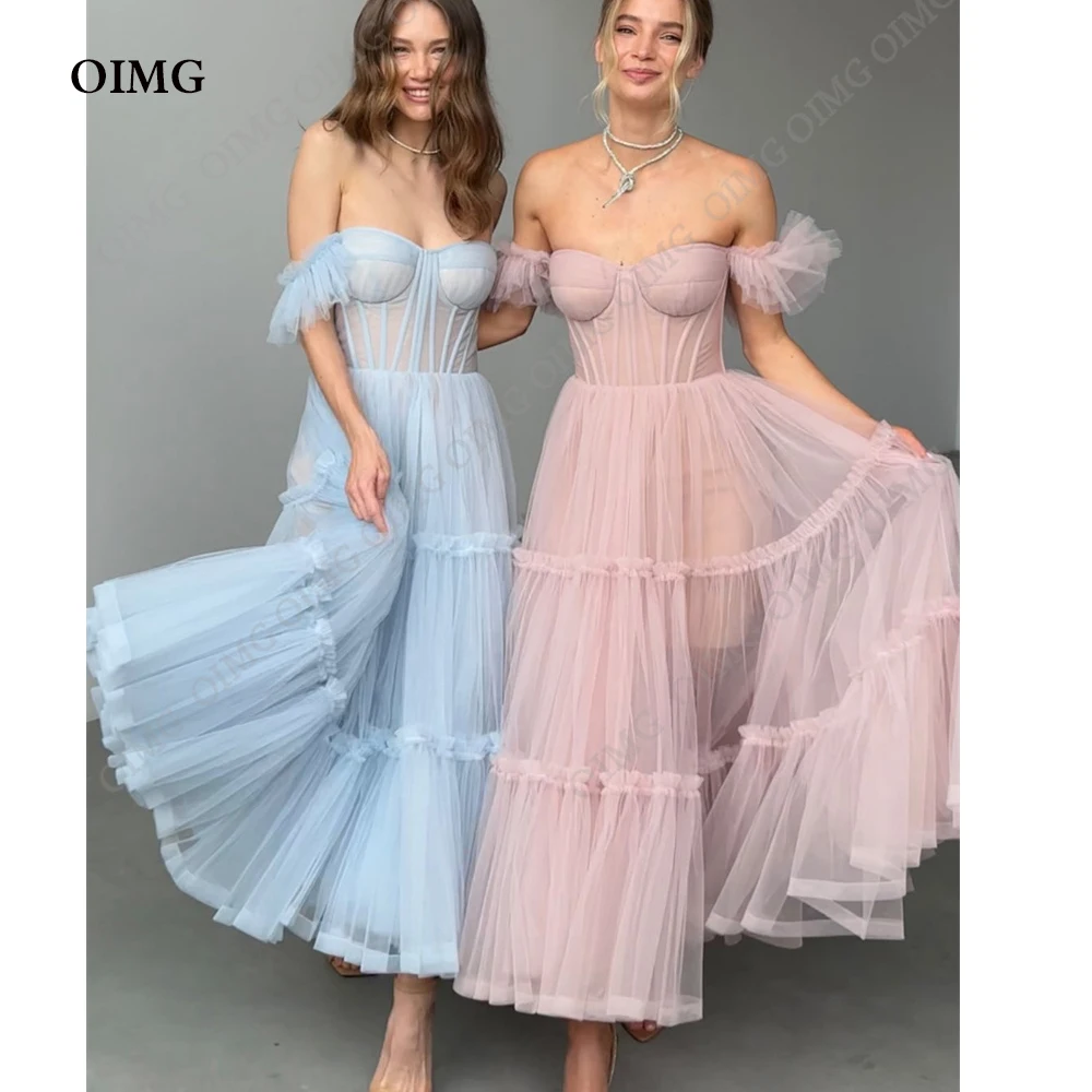 OIMG Sweet Blue/Pink Custom Short Evening Dresses Off Shoulder Tea Length Modern Formal Night Club Prom Gowns Dress 2023