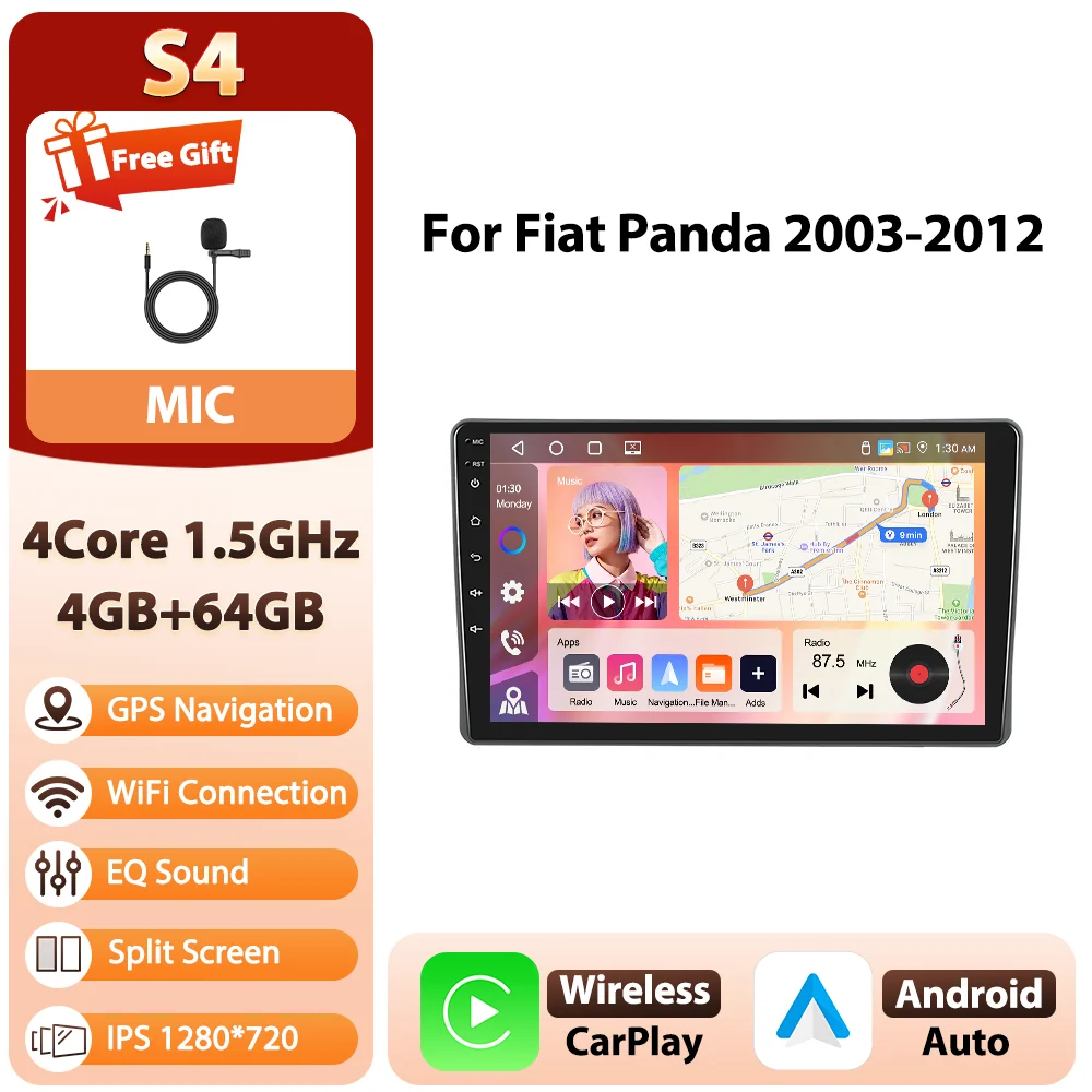 Podofo Android 9 inch 8-core 8+128GB autoradio voor Fiat Panda 2003-2012 met 4G WIFI, multimediaspeler, GPS, AM/FM/RDS