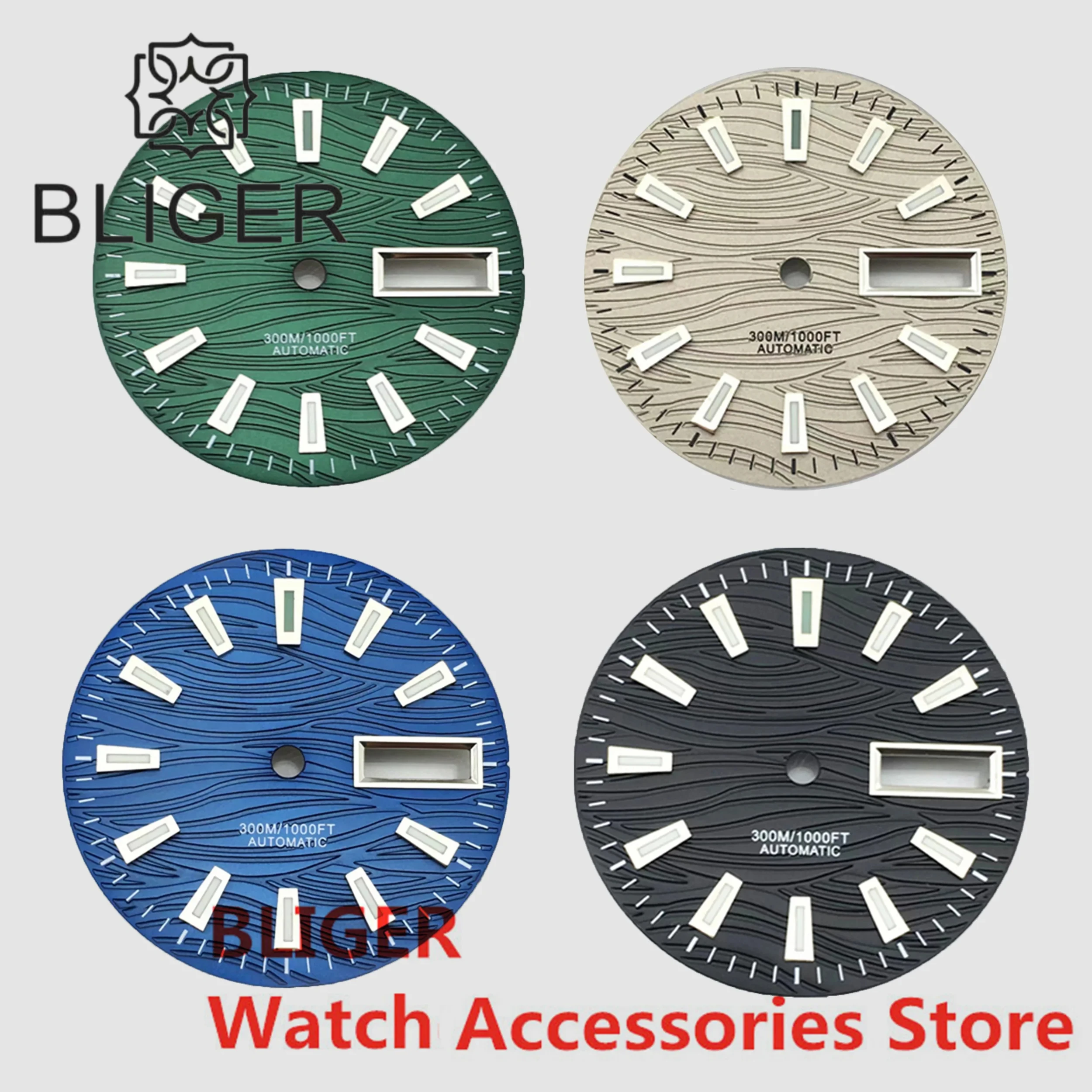 

BLIGER 29mm Men's Watch Dial Accessories Green Luminous Dial For NH36N Movement Date Week Dispaly Function 3 O'clock