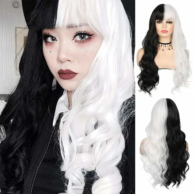 Black and white witch Kuira COS wig long straight short roll water ripple Halloween double panel design