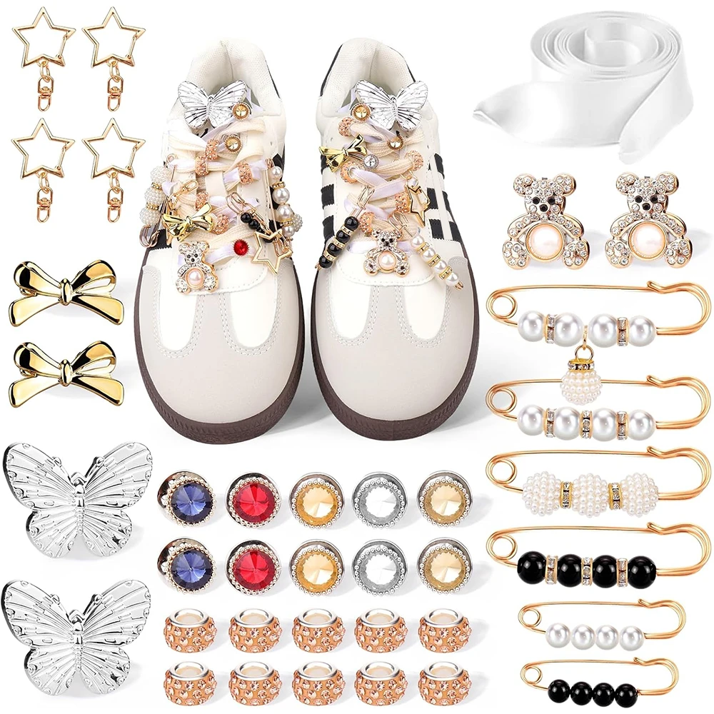 

37Pcs Shoe Charms for Sneakers - Lace Charm Contain Bows/Clips/Pins/Jewelry, Shoe Decoration Charms and Shoe Jewelry for Sneaker